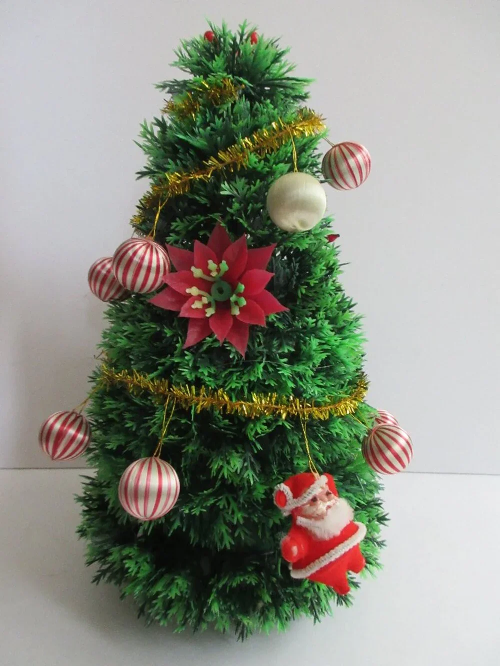 Table Top Plastic Christmas Tree Poinsettia, Garland, Satin Balls, Vintage READ*